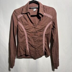 VTG Y2K Brown Long Sleeve Button Up Top Pink Lace Beaded Fairy Boho S Embroidery